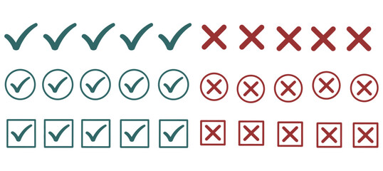 Vector art of a set of colorful check marks and crosses for indicating approval or rejection