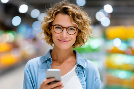Woman smiles while checking prices on smartphone in vibrant supermarket aisle. Brightly lit shelves display colorful products. Concept of retail, consumer behavior, grocery shopping