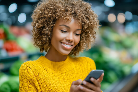 Woman smiles while comparing prices on smartphone in supermarket aisle filled with fresh fruits and vegetables. Bright and inviting setting showcasing modern shopping experience