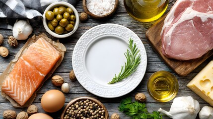 Assorted ingredients arranged on a rustic wooden surface.