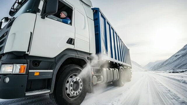 Truck maneuvers through snowy terrain with spinning tires and snow spray in frosty conditions
