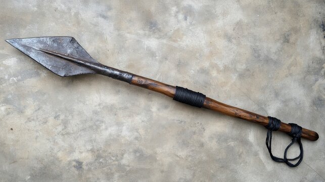 Rustic handcrafted spear with wooden shaft and metal head, displayed on a textured surface.