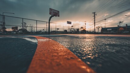 Wet basketball court at sunset, orange lines gleam under a dramatic sky, hoop in background
