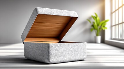 Open Treasure: A softly lit, minimalist studio presents an open, fabric-covered treasure chest, its wooden interior gleaming in the sunlight, hinting at secrets within.