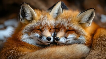 Obraz premium Cozy foxes cuddling together in a protective embrace