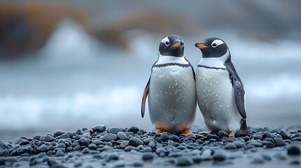 Loving penguins exchange pebbles on a snowy shore