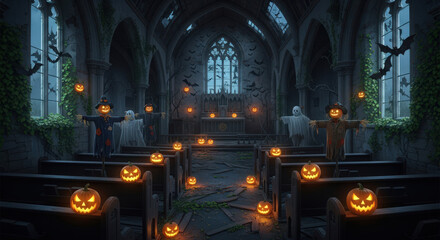 Obraz premium Eerie Church Scene with Jack-o'-Lanterns A Hauntingly Beautiful Display of Carved Pumpkins in a Gothic Church Setting with Bats and Scarecrows