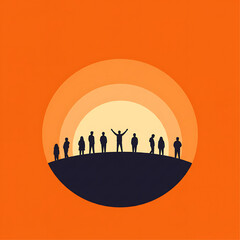 Silhouetted figures standing on a hill, celebrating under a bright sunset.