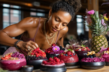 Yoga instructor artfully decorates vibrant aai bowls on rustic wooden counter in bright airy studio. Natural light enhances healthy lifestyle concept. Businesses include wellness, fitness, cafe