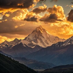 "Golden sunset over majestic mountain range, dramatic clouds, high resolution, cinematic lighting"