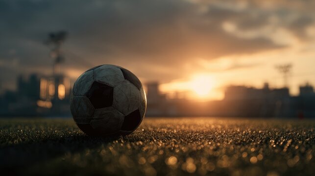 Worn soccer ball rests on dewy grass at sunset, city skyline blurred in background; golden hour light - Powered by Adobe