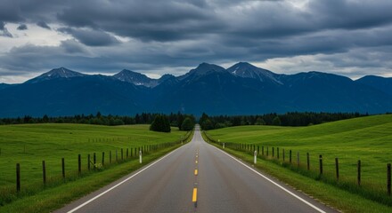 A straight, paved highway stretches far into the horizon, flanked by green meadows. In the distance, majestic mountains tower with their peaks capped with light snow, under a dramatic, cloudy sky.