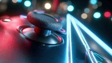 Close up of a black game controller joystick with textured grip neon blue light strips and bokeh effect background