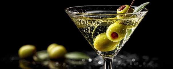 Martini glass with green olives on a black reflective background