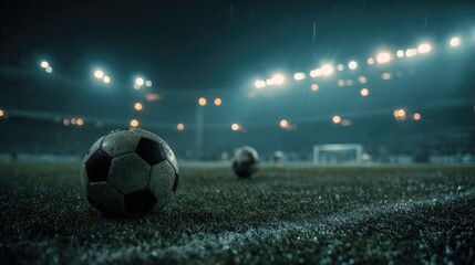Rain-soaked soccer ball sits center-frame on a dark, wet field, under stadium lights, with blurred players and crowd in background