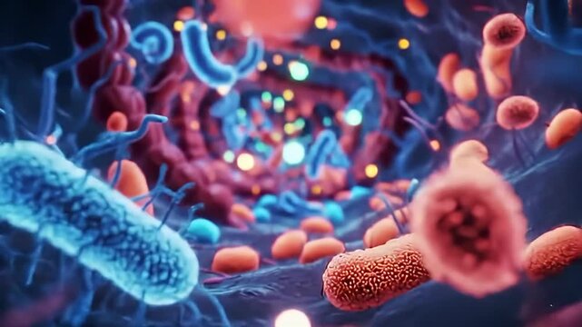 Gut Microbiome with Probiotics and Bacteria. 3D Medical Animation
