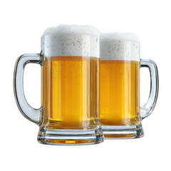 Two refreshing cold beer mugs with frothy white foam isolated on transparent background