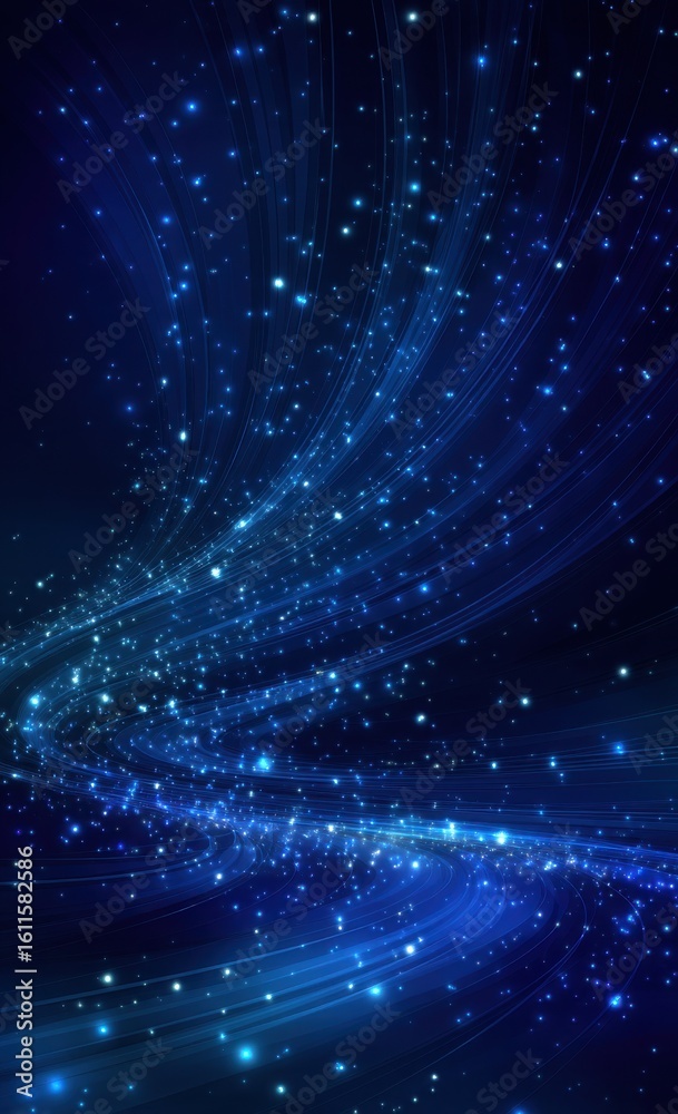 Sticker deep blue abstract with glowing lines and scattered light particles