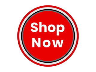 Bright red circular button with white text saying shop now isolated on white background