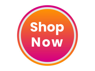 Brightly colored circular shop now button with gradient and white text isolated on white background