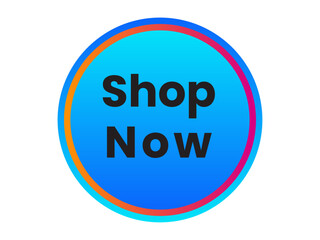 Bright blue circular button with shop now text and colorful gradient border isolated on white background