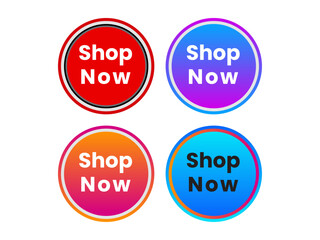Four colorful circular buttons with the text shop now isolated on white background