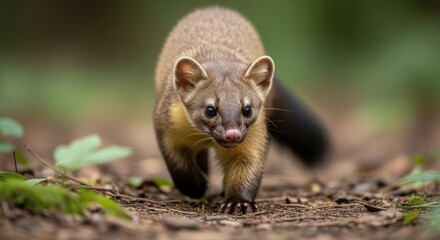 A marten confidently walks along a forest path, surrounded by lush greenery and soft light