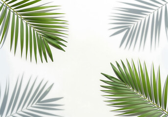 Green palm leaves with shadows on white background