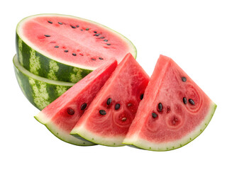 Freshly sliced watermelon pieces and half on black background