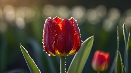 Naklejka premium Red tulip covered in water droplets with soft morning light in background