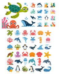 Ocean Creatures Icon Set – Cartoon Vector Illustration 