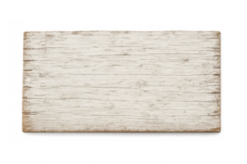 Aged white wooden signboard displaying textured grain, floating against transparent backdrop for personalized messaging