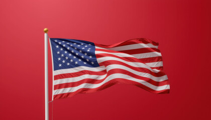 Obraz premium American Flag in the Breeze: A vibrant depiction of the United States flag, its stars and stripes billowing gracefully against a bold red backdrop.