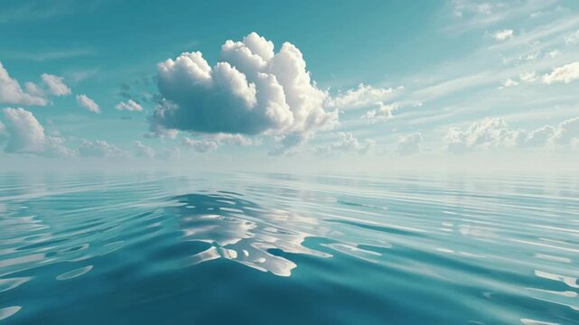 solitary cloud shadow endless calm ocean, top-down drone view, bright sunlight, minimalistic vast empty sea, 4K cinematic subtle ocean waves, existential mood, long aerial tracking shot