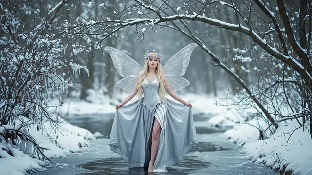 Winter fairy in a silver dress by a frozen stream