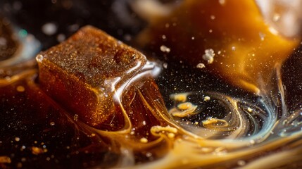 Sugar cube dissolving in black tea with milk swirl creating abstract patterns