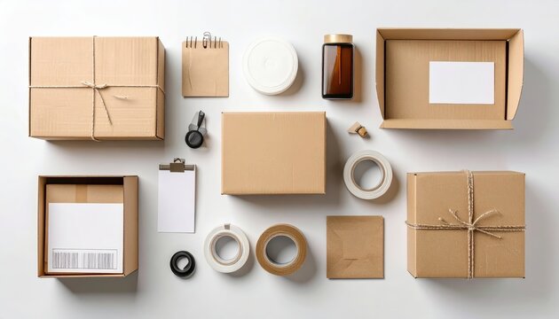 Flat Lay of Cardboard Boxes, Tapes, and Supplies for Packaging