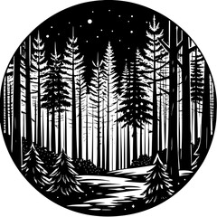 Vector art of a dark and mysterious forest scene at night with tall pine trees and a starry sky