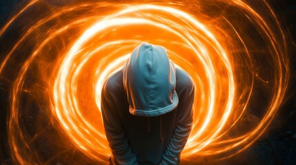 Hooded figure stands before swirling fire light trails.