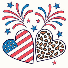 Obraz premium American flag heart shares space with a wild leopard heart among bursting starbursts