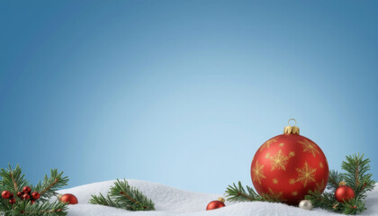 Festive Bauble on Snowy Landscape: Capture the essence of the season with a vibrant red bauble adorned with gold stars, resting in a picturesque snowy scene, complemented by evergreen sprigs.