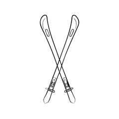 Crossed skis on white backdrop in outline style, clean image. Simple skis, linear image depicts winter sport equipment for recreational use. Skis for sporty vacation.