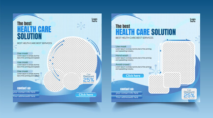 Creative medical social media post template design. Hospital clinic promotion banner flyer template design focused on home care, nursing, patient support, and elderly treatment.