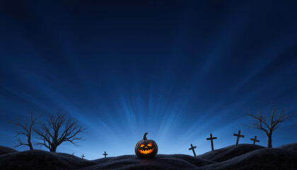 Halloween's Silent Specter: An illuminated jack-o'-lantern sits amidst a graveyard on a chilling night, silhouetted against a canvas of moody blue.
