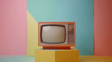 Retro orange TV on pastel background.