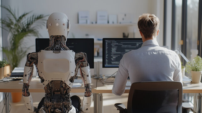 Futuristic Robot and Human Working Side by Side in Modern Office Robot Co-Worker