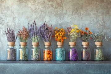 Dried flowers in glass jars, arranged in a row against a textured wall.