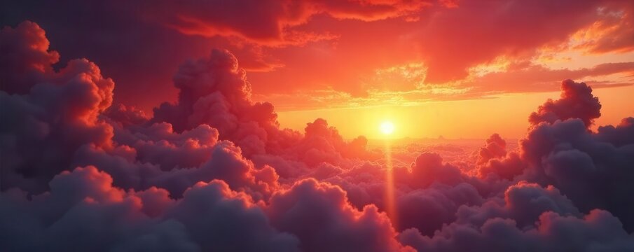 Crimson and gold clouds bleed into a fiery afterglow, warm, fire