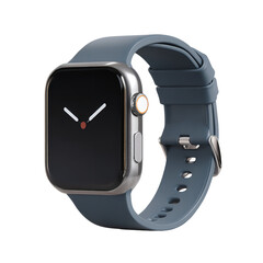 A close up shot of a smart watch with a gray band and a black screen showing the time with hands