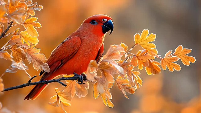 Vibrant Orange Bird Perched Among Golden Leaves in Autumn Forest Scene